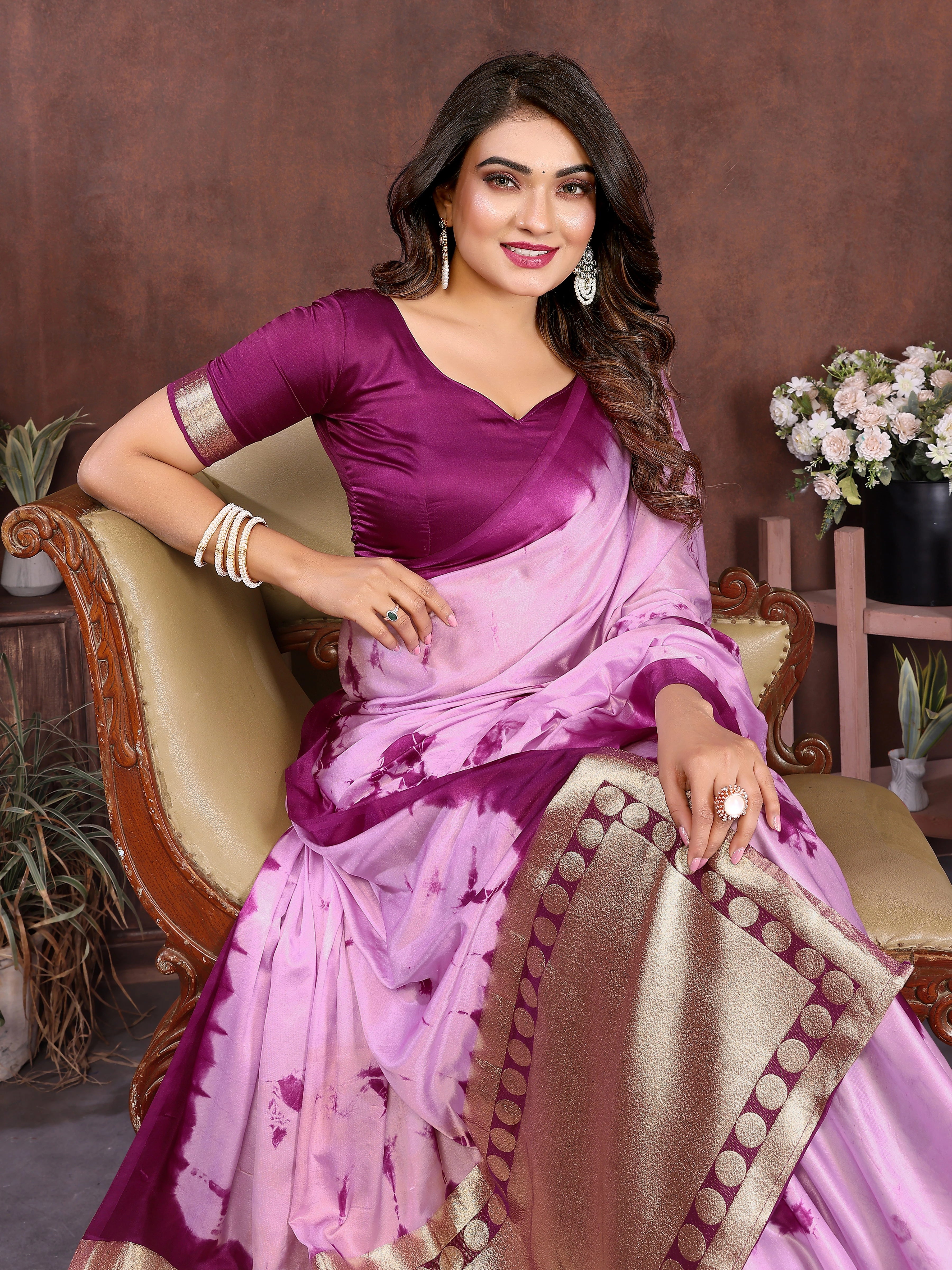 Lavender Sibori Work Soft Satin Silk Saree - kalyanja